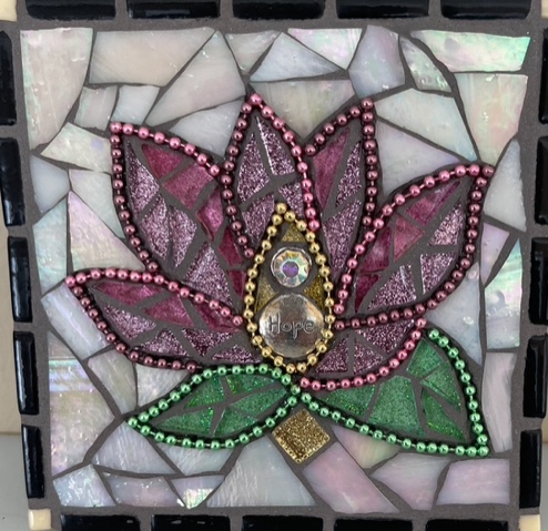 Dark Lotus. stained glaass, glass tile, metal chain, jewels.  $47